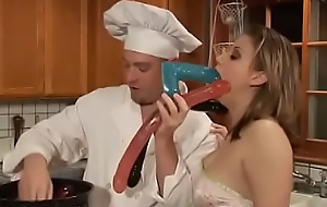 Chef prepares hot brunette's bedraggled fur pie for hardcore fucking with different scullery seasonings