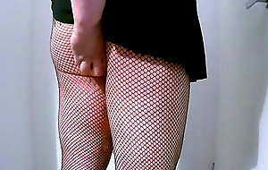 Chubby Virgin Sissy Ass Swallows Small Double Ended Dildo Wearing Fishnets coupled with A Mini Skirt