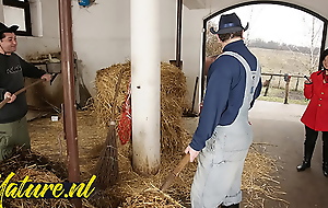 Hairy horse tamer duplication penetrated in horse stable be useful to her first time